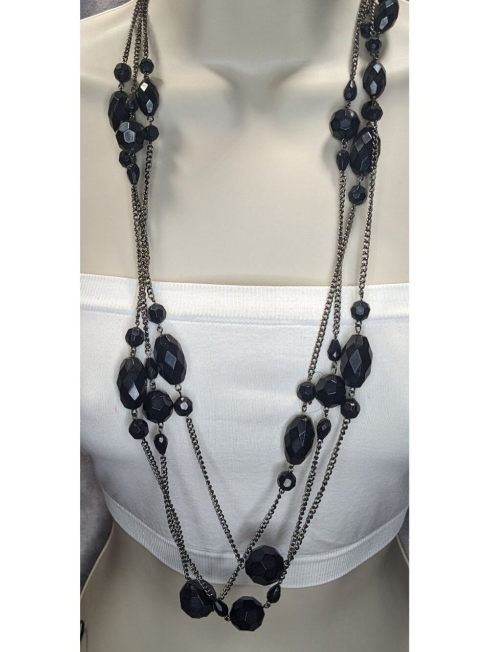Goth Glam Vampire Black Layered Faceted Bead Multi Strand Necklace